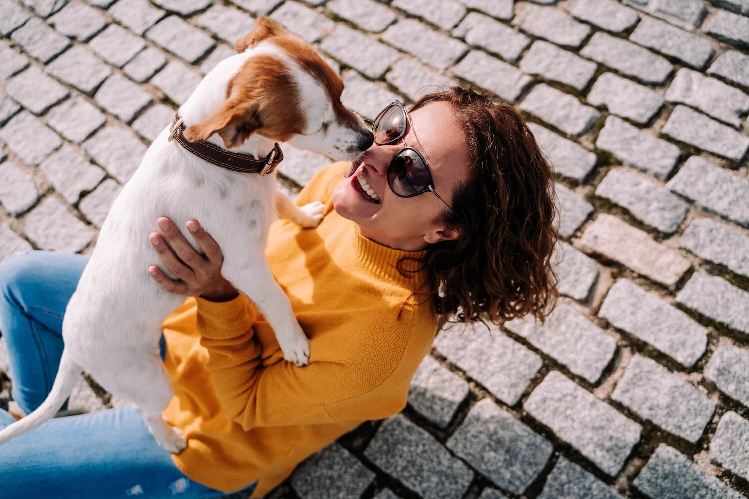 Young lady sitting on paving holding a small tan and white dog.