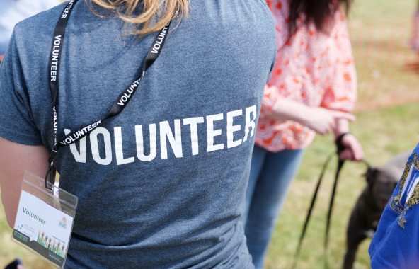 Person in Jerry Green Dog Rescue Volunteer t-shirt.