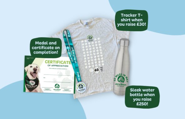 Jerry Green Dog Rescue certificate, medal, t-shirt and water bottle.