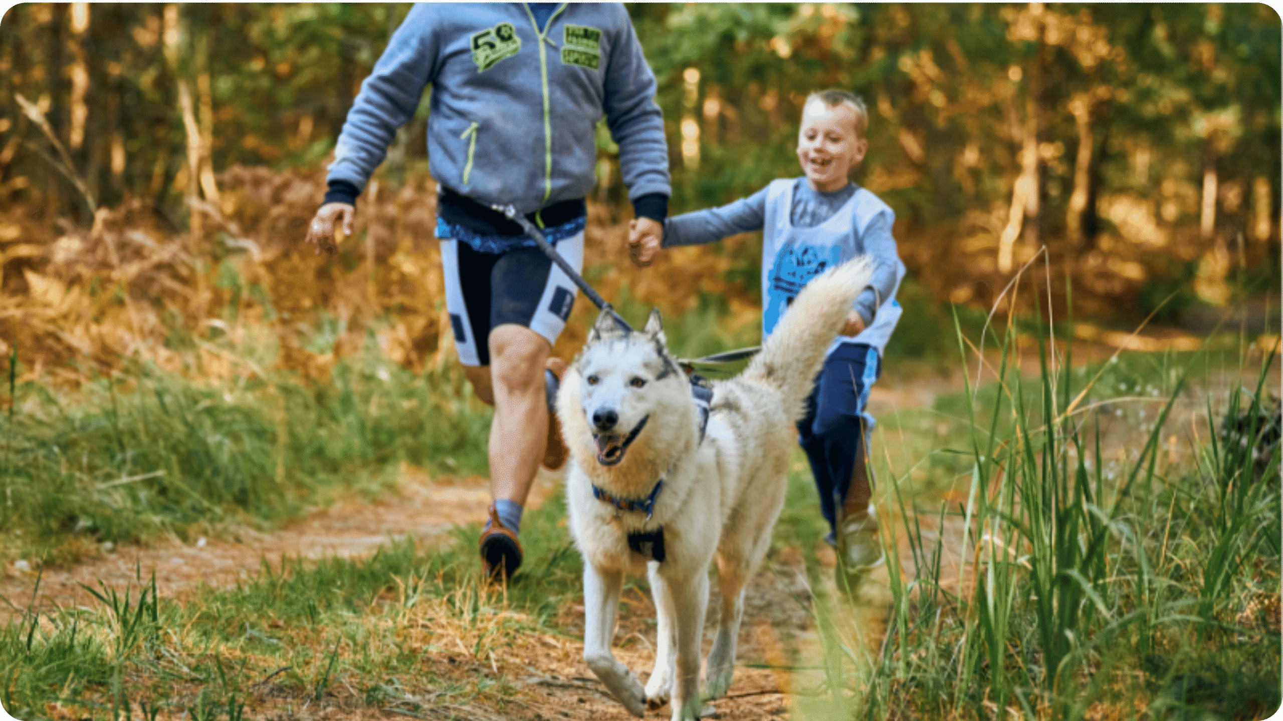 A man and boy dressed in blue with a husky type dog, running through woodland.