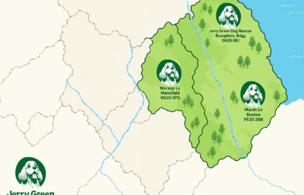 Graphic of map of east midlands highlighting Nottinghamshire and Lincolnshire with Jerry Green Dog Rescue dog head pins for the rescue centres