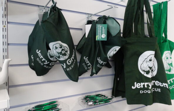 Jerry Green Dog Rescue merchandise in a charity shop