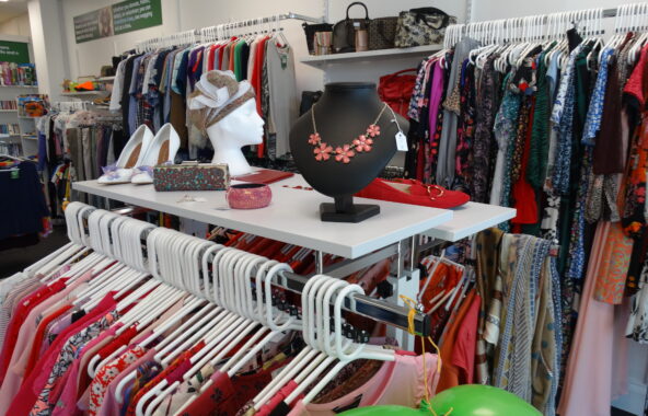 Ladies clothes and accessories in a Jerry Green Dog Rescue charity shop