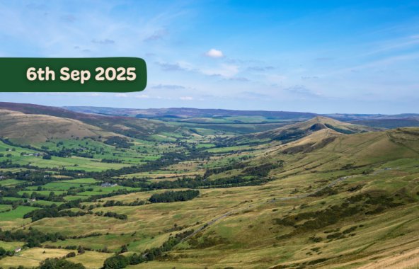 Panoramic view of the Edale Valley in the Peak District with text overlay '6th Sep 2025'
