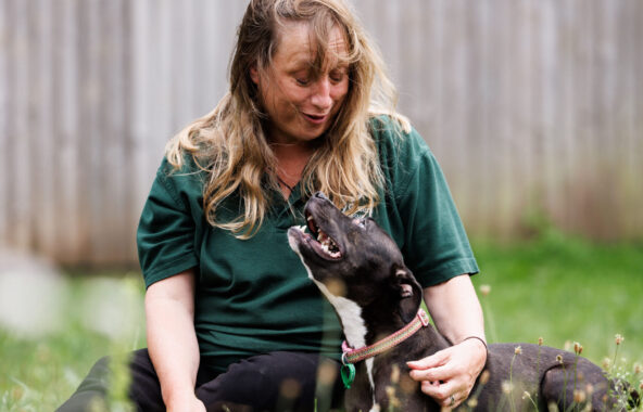 A blonde woman sat outside on grass. She is looking down and smiling at a brown and white Staffordshire Bull Terrier