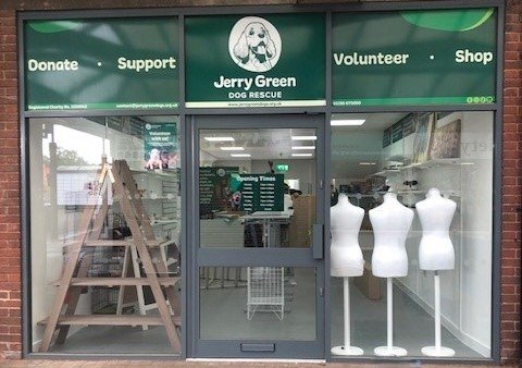 Jerry Green Dog Rescue charity shop front in Calverton