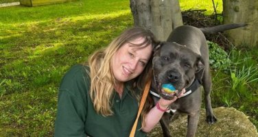 Young lady with blonde hair with large black dog with a coloured ball in its mouth.