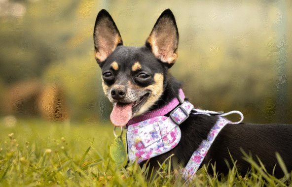 Black and tan chihauha wearing a pink, flowered harness and pink collar, in a field.