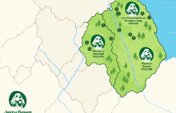 Graphic of map of east midlands highlighting Nottinghamshire and Lincolnshire with Jerry Green Dog Rescue dog head pins for the rescue centres and shopping bags for the charity shops