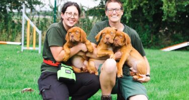 Two females in green clothing holding three Dog de Bordeaux puppies