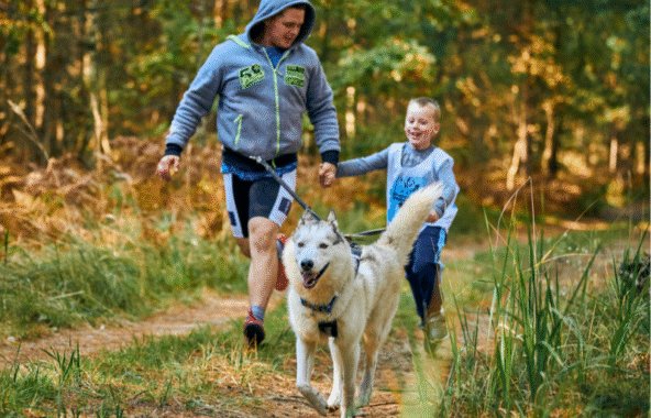 A man and boy dressed in blue with a husky type dog, running through woodland.