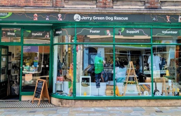 Frontage of Jerry Green Dog Rescue Gainsborough charity shop.