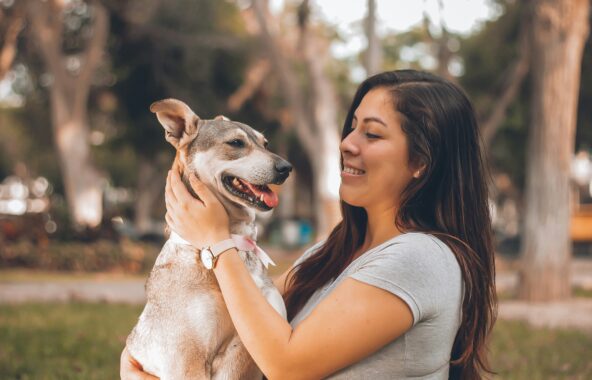 A woman on the right of the image in a park with long brown hair wearing a grey tshirt smiling at a cross-breed dog she has in her arms who is grey and white and looking at her in a relaxed manner