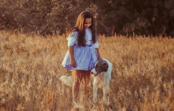 Little girl wearing blue dress with beige and white Lurcher in field